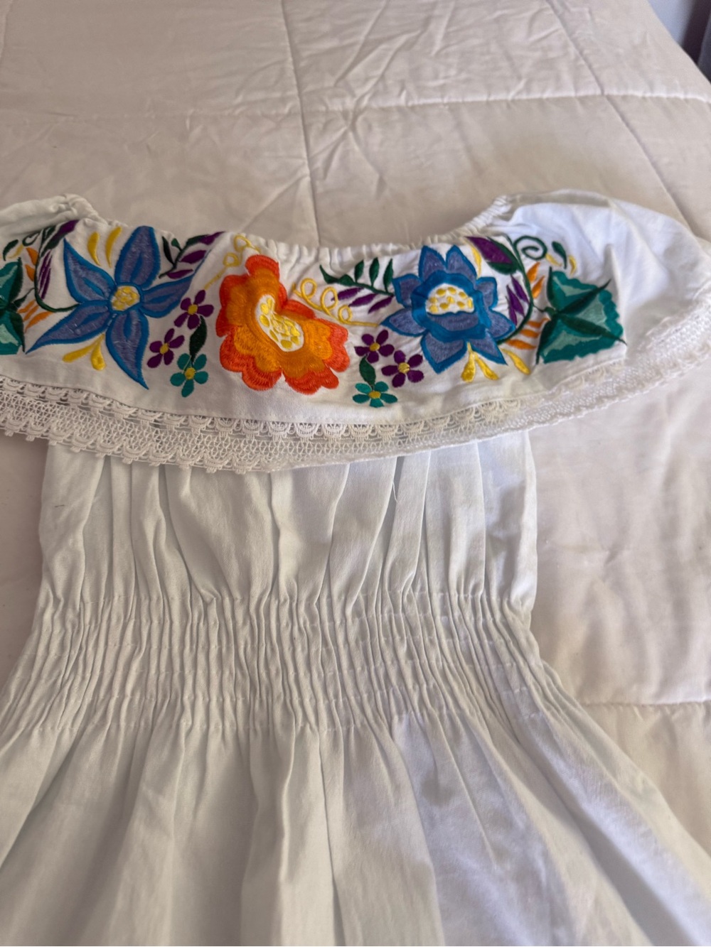 MEXICANA White Midi Dress with Multicolor Floral Embroidery